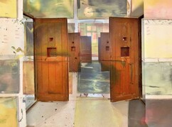 Mehrere Holztüren, die offenstehen - stilisiert.