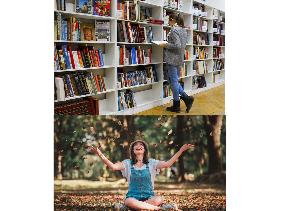 Fotocollage zweier Bilder: Eine junge Dame mit aufgblättertem Buch steht vor...