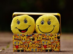 Zwei Emojies auf Stoff in einer Box mit Deckel